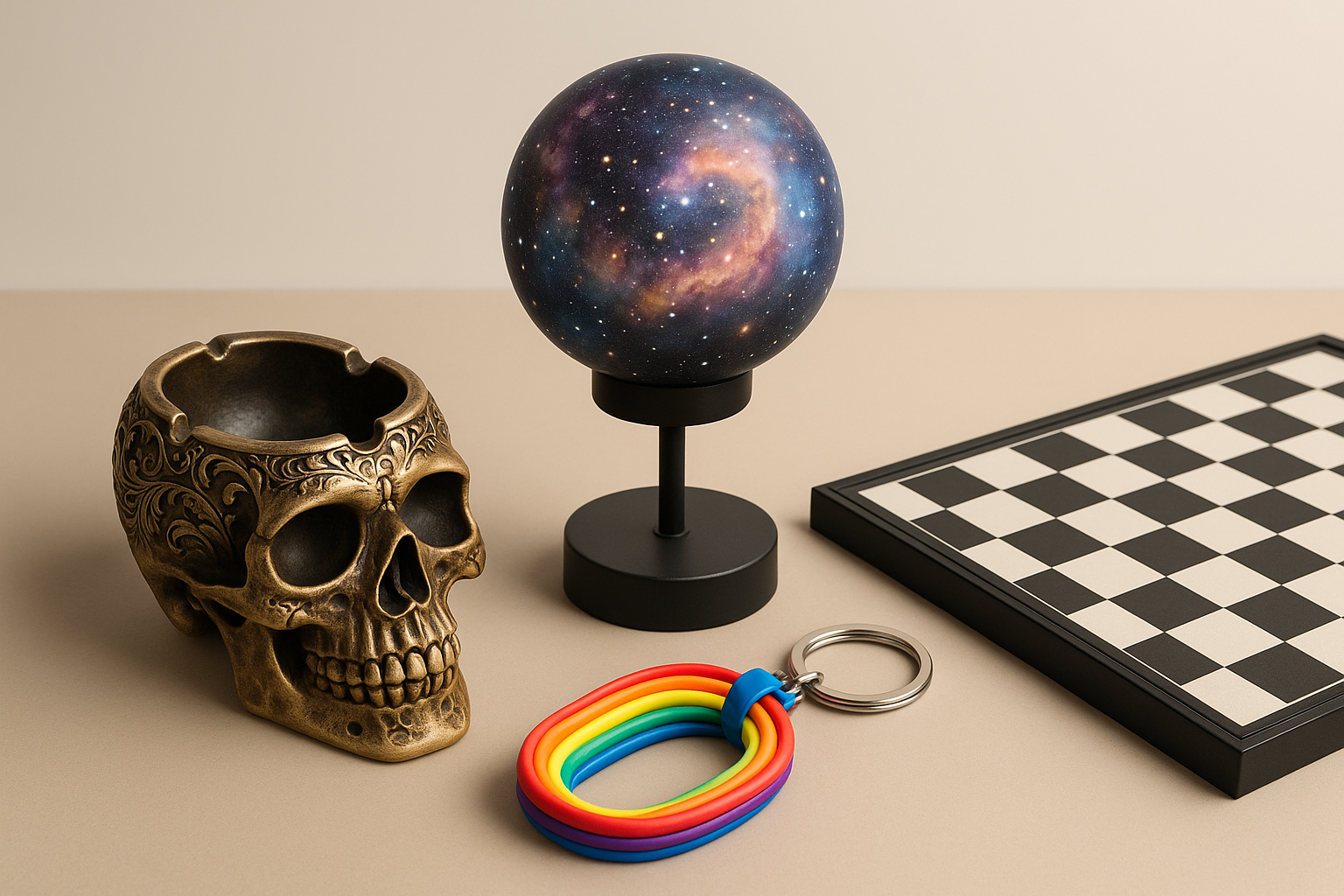 image to have skull ashtray, spaceb lamp, multicoloured keyring, chess board 